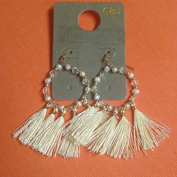 😻 3 For $15 Bead Hoop 5 Cream Tassel Dangles - Picture 1 of 4
